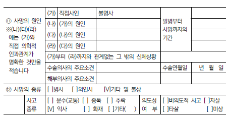 사망의 원인과 종류가 배치되는 경우