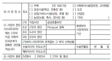 사망의 원인과 종류가 배치되는 경우