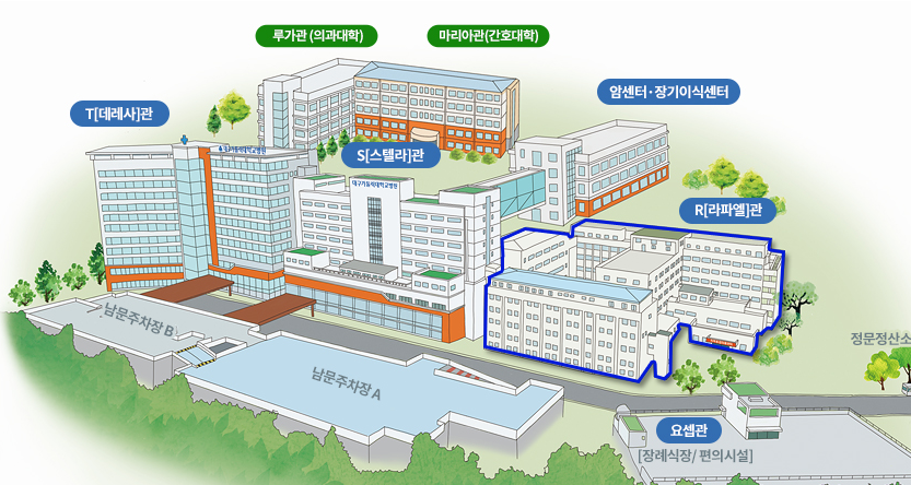 상기 위치에 있는 대구가톨릭대학교 병원의 응급실을 R(라파엘)관에 있습니다.