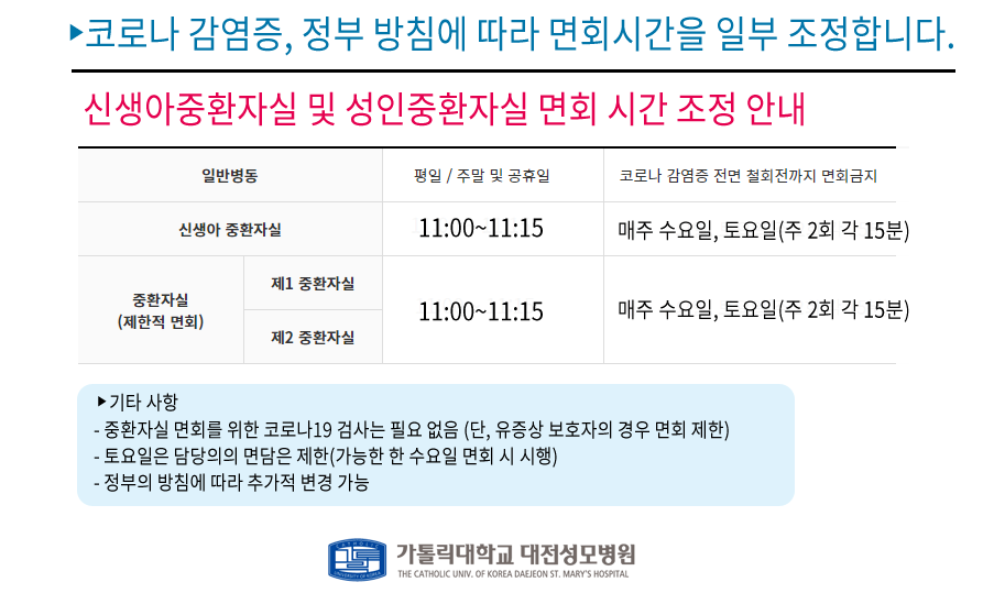 중환자실 보호자 면회시간 변경안내